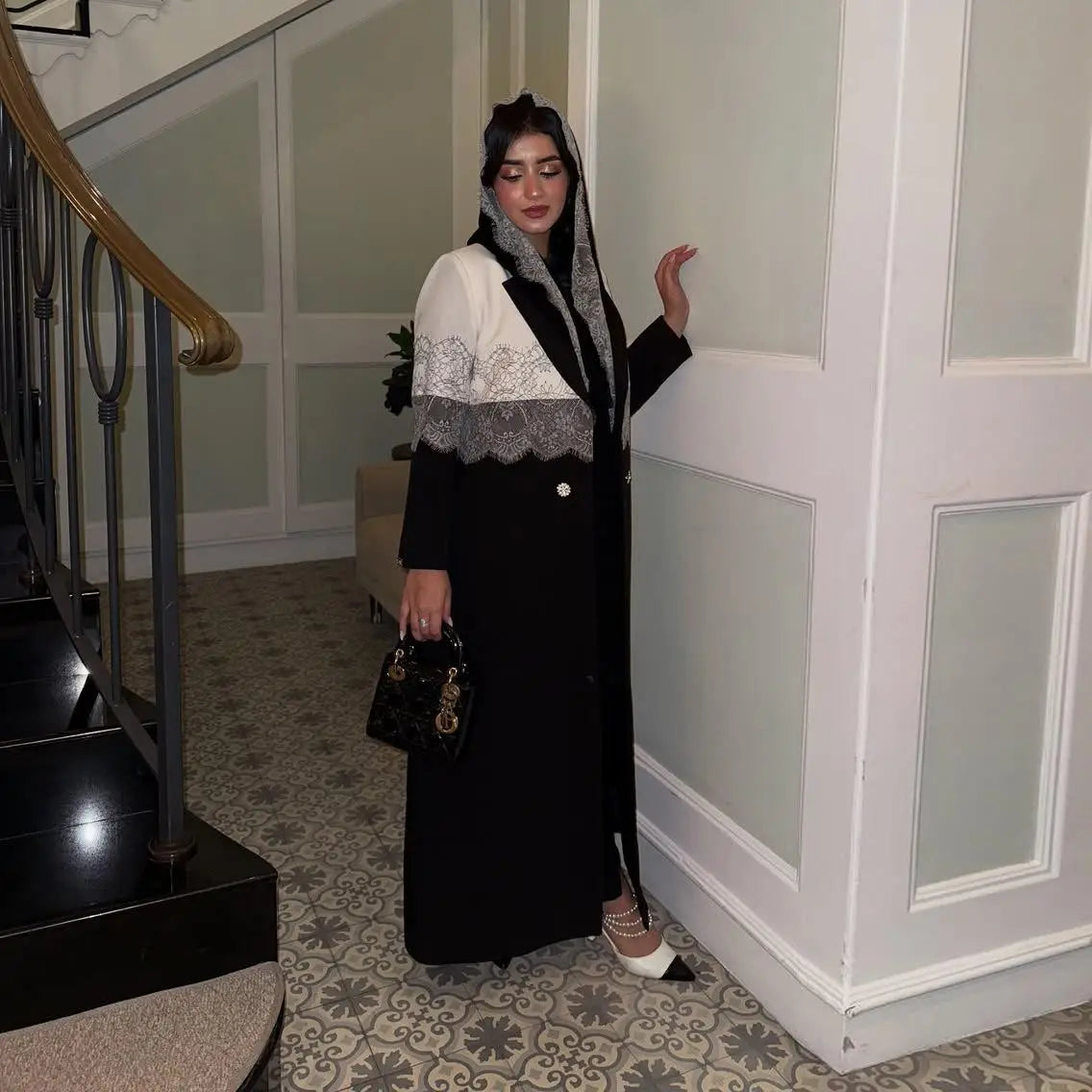 Modest Lace Trim Abaya – Open Front Robe with Lapel Collar