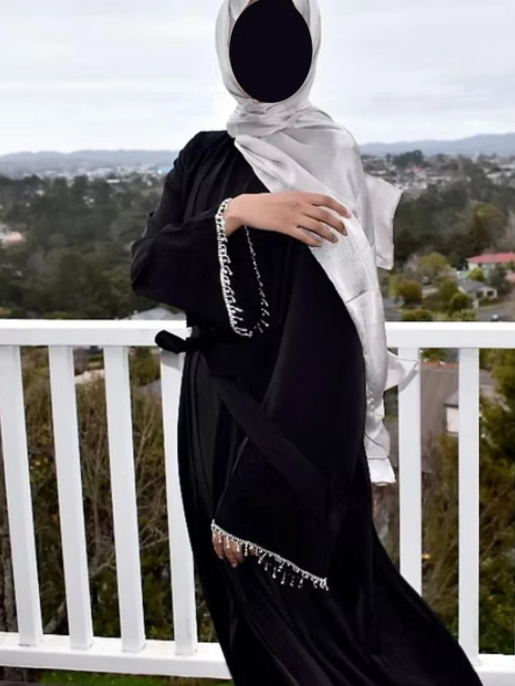 Nida Crystal Chain Evening Set – Cardigan, Dress & Chain - Khaki - XL | AbayaVida