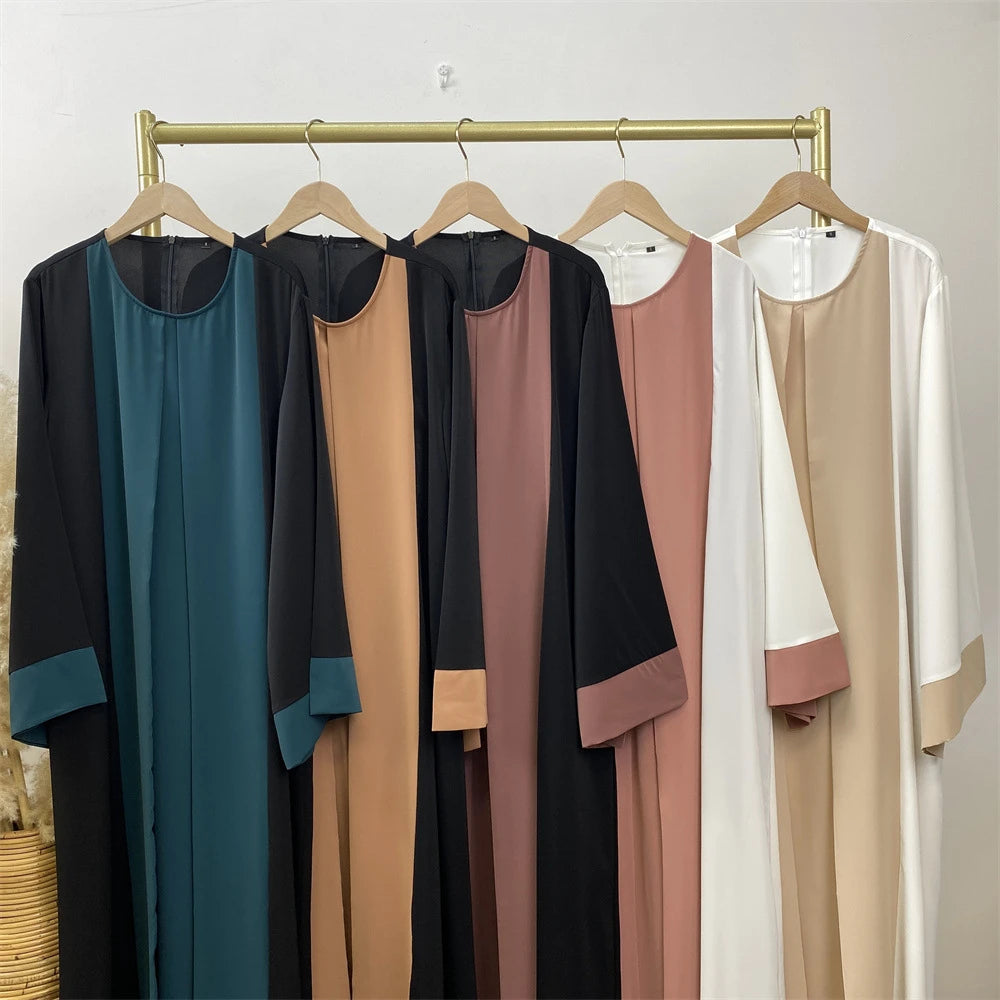 Luxury Splicing Faux Two-Piece Abaya – Zip Front Colour-Block Robe