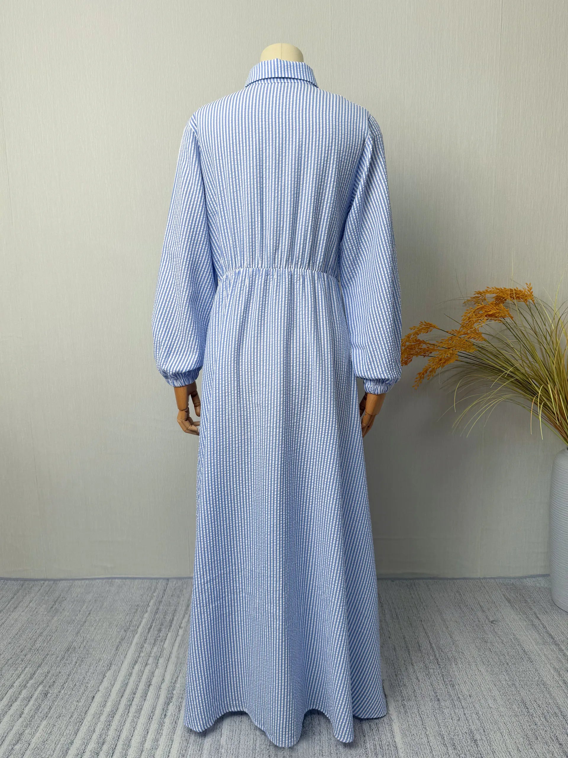 Belted Striped Modest Dress – Shirt Neckline Commute Robe - Blue - M | AbayaVida