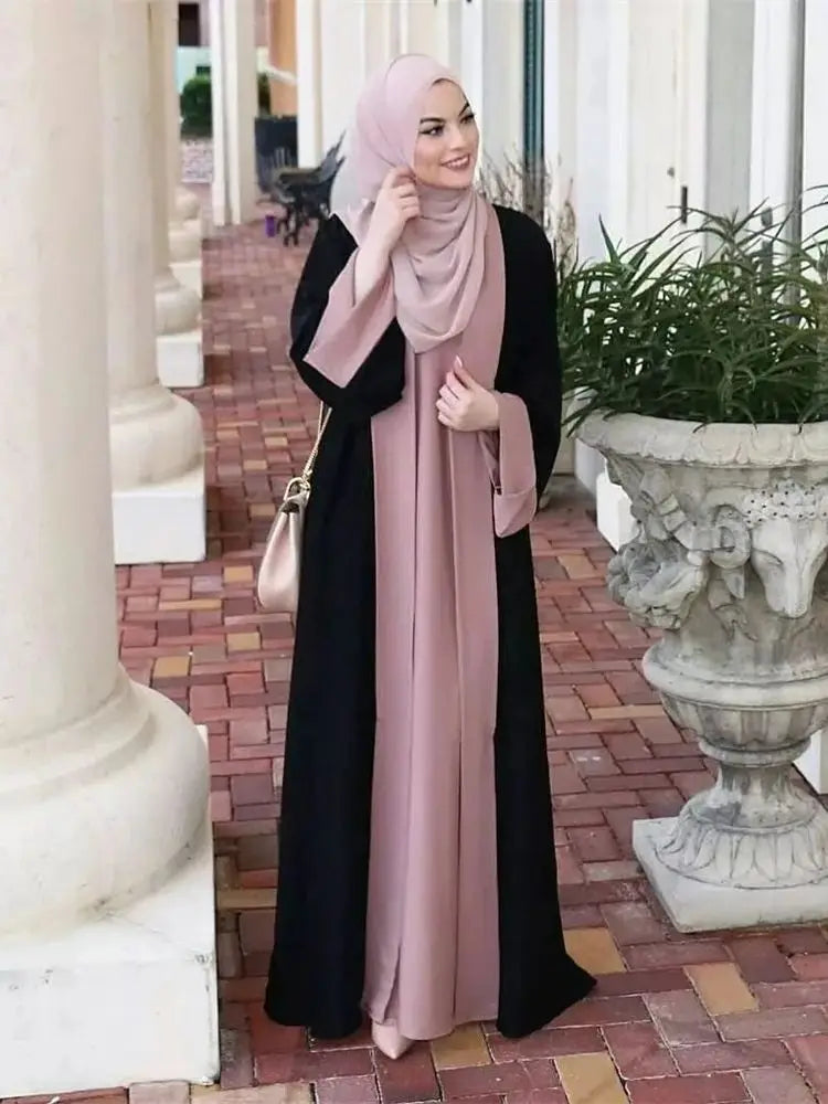 Luxury Splicing Faux Two-Piece Abaya – Zip Front Colour-Block Robe