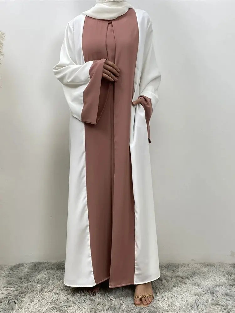 Luxury Splicing Faux Two-Piece Abaya – Zip Front Colour-Block Robe