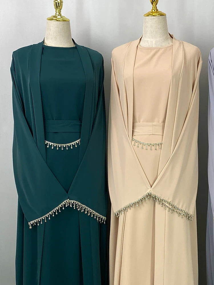 Nida Crystal Chain Evening Set – Cardigan, Dress & Chain - Teal - XL | AbayaVida