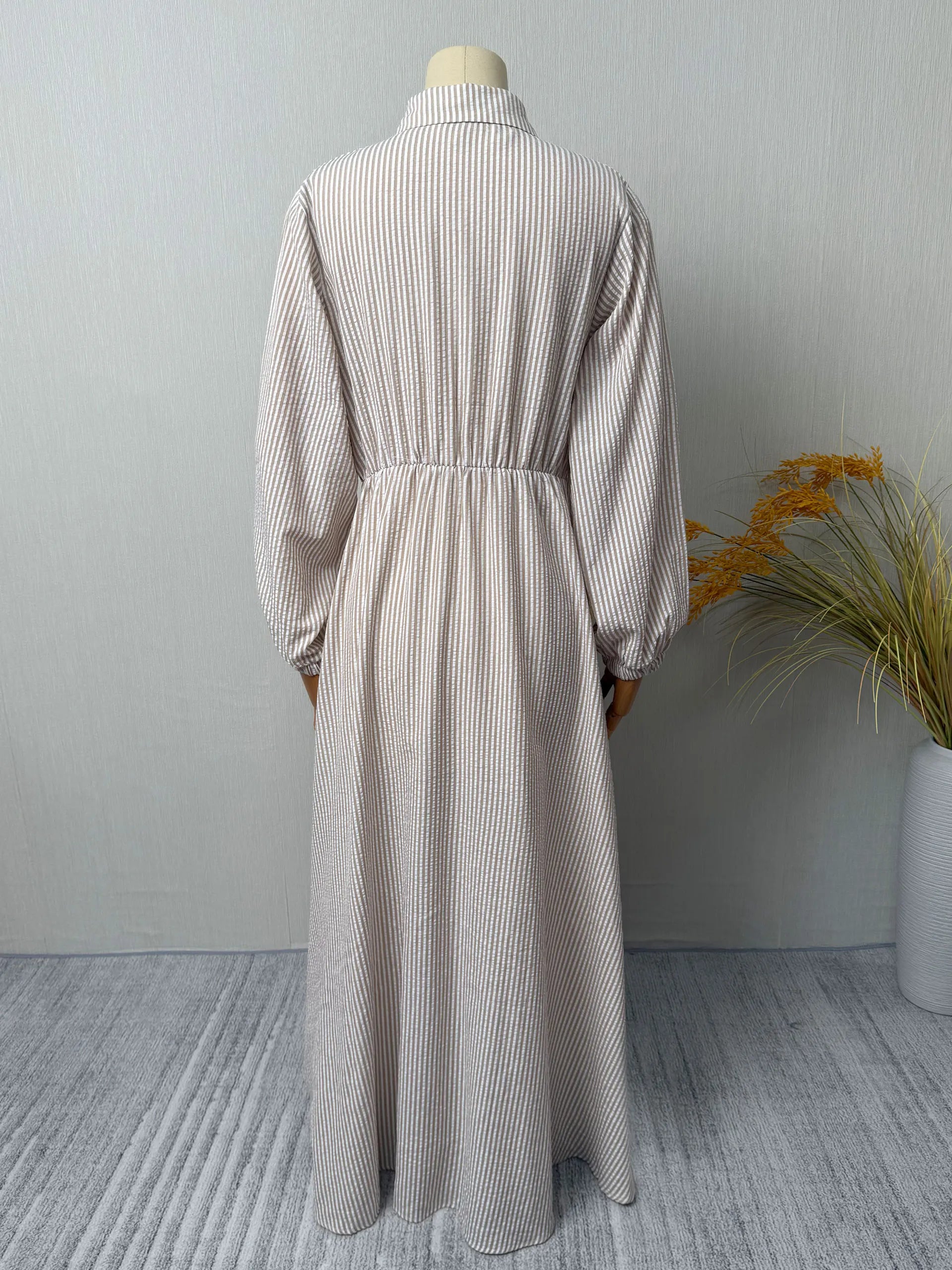 Belted Striped Modest Dress – Shirt Neckline Commute Robe | AbayaVida