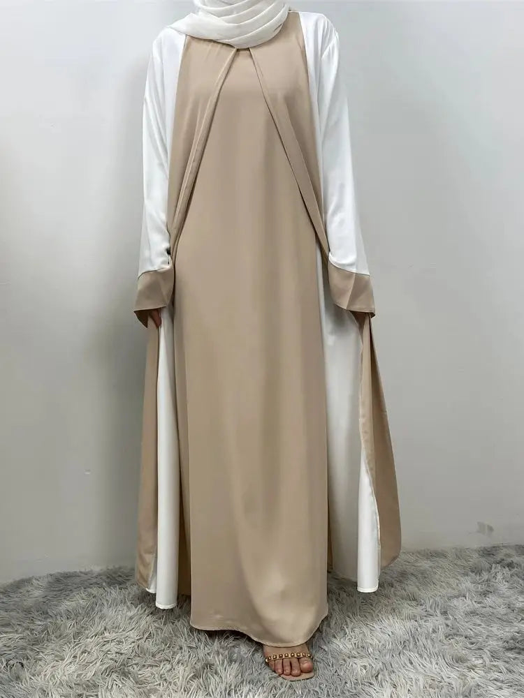 Luxury Splicing Faux Two-Piece Abaya – Zip Front Colour-Block Robe