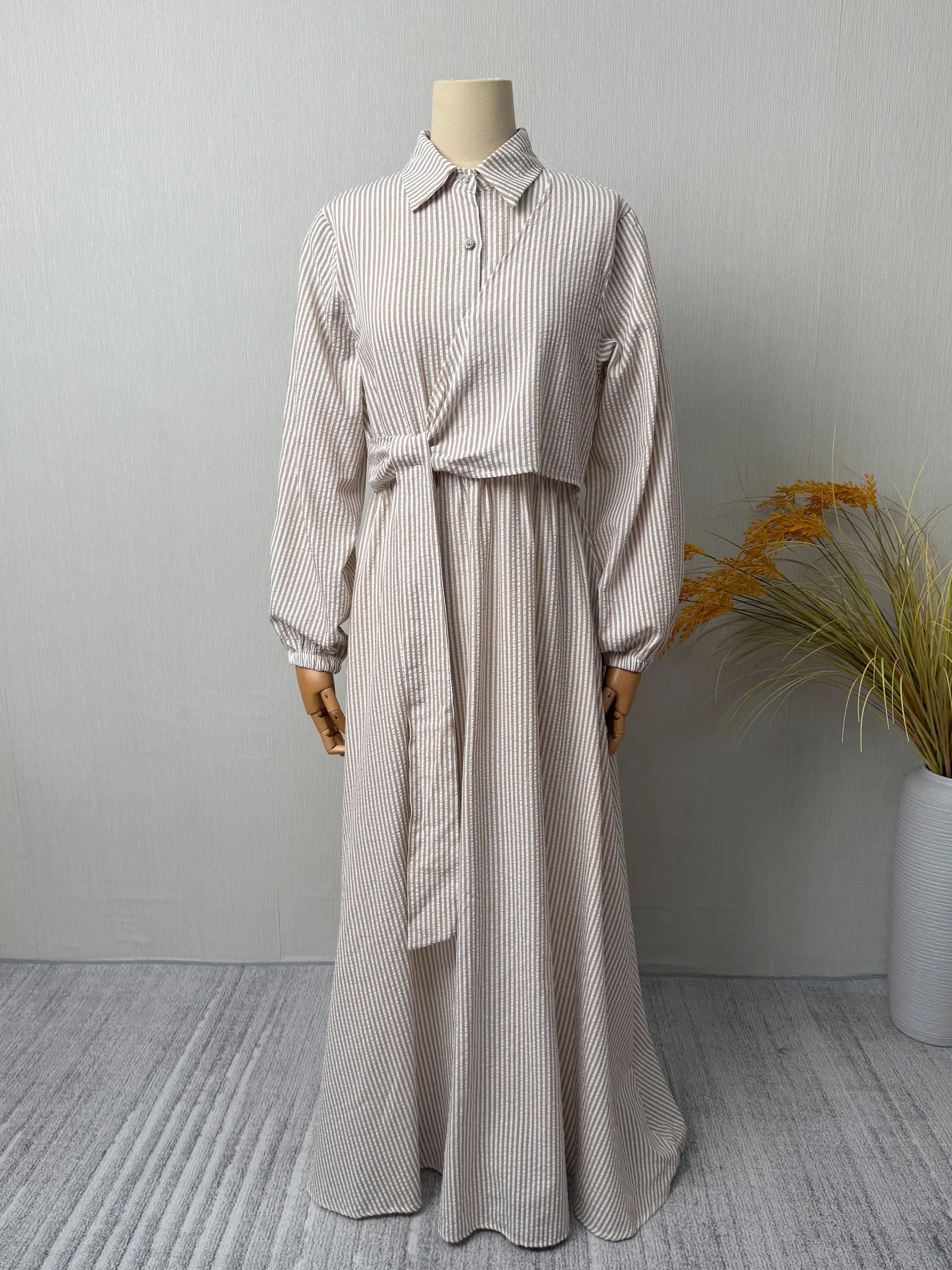 Belted Striped Modest Dress – Shirt Neckline Commute Robe | AbayaVida