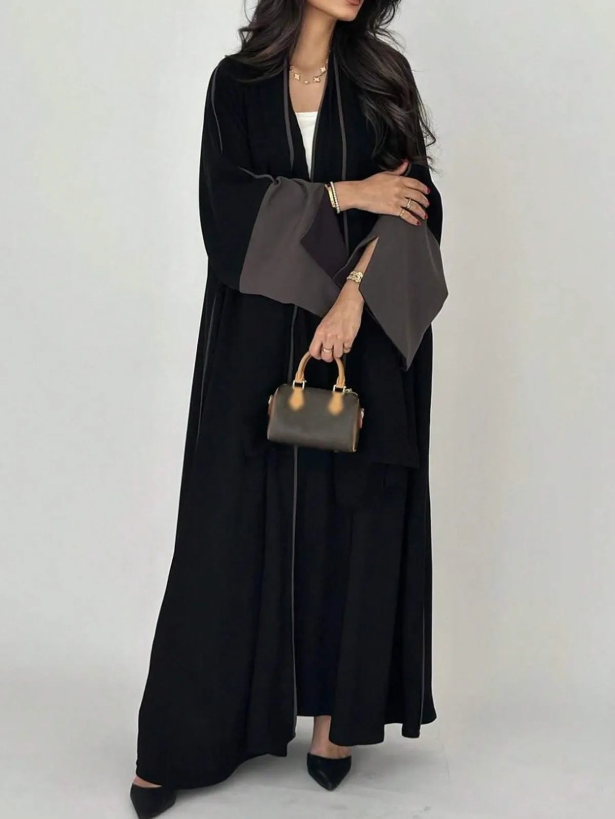 Middle Eastern Open Front Abaya – Full Sleeve Robe - Double khaki | AbayaVida