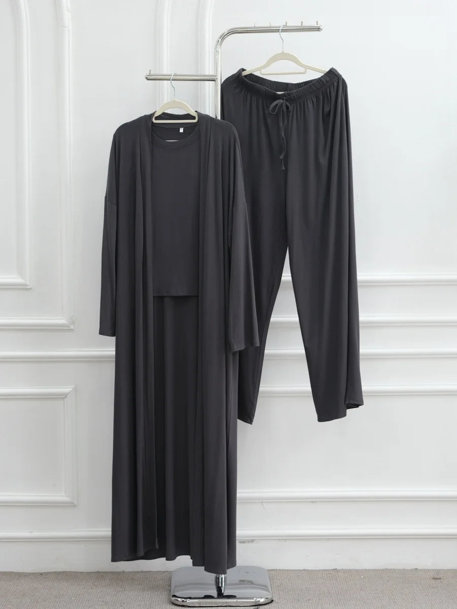 Dubai Three-Piece Abaya Set – Cardigan, Top & Trousers Coordinated Outfit