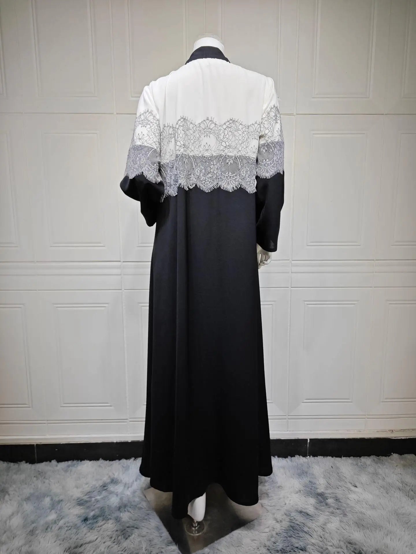Modest Lace Trim Abaya – Open Front Robe with Lapel Collar