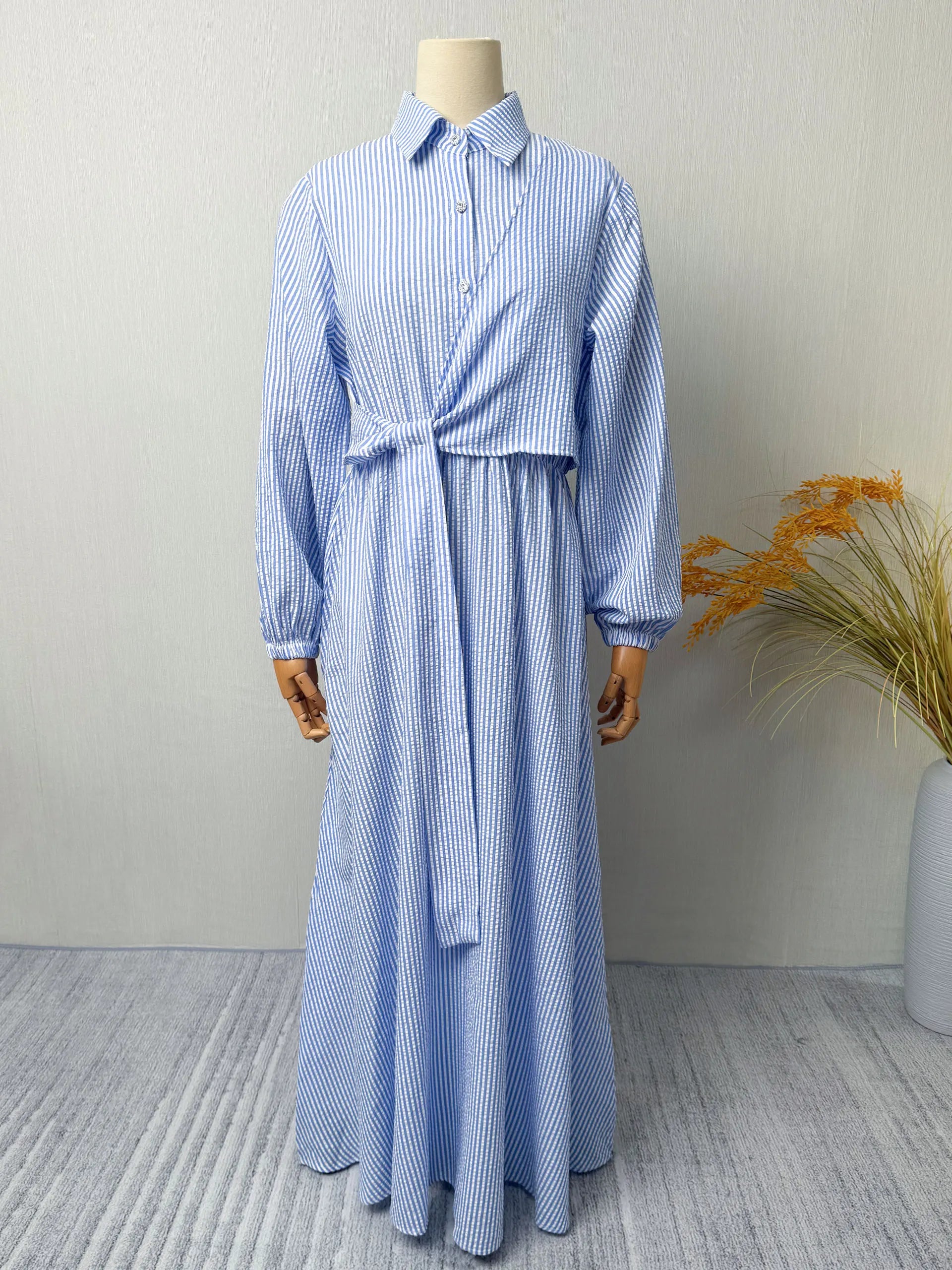 Belted Striped Modest Dress – Shirt Neckline Commute Robe - PInk - XL | AbayaVida