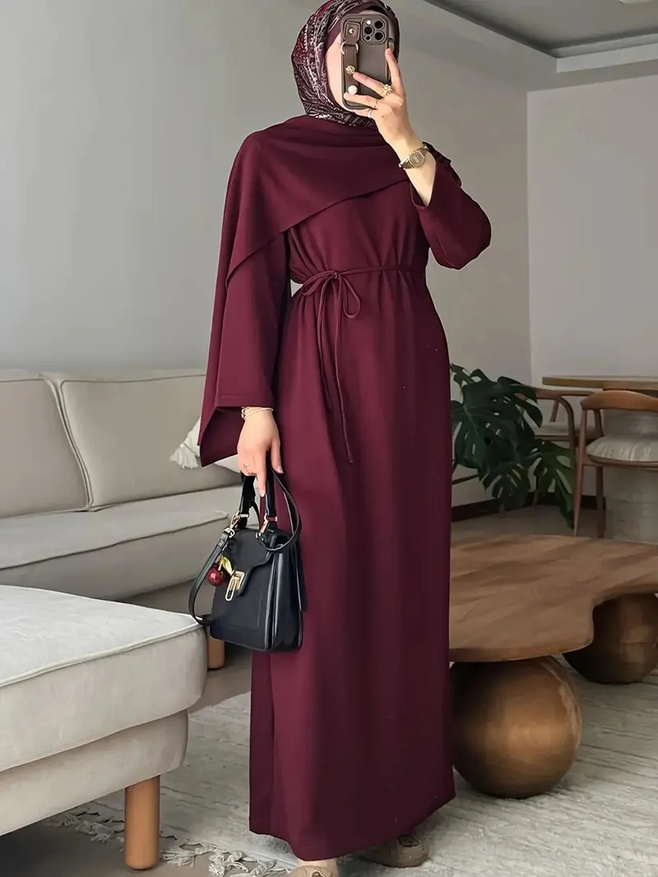 Lace-Up Solid Colour Abaya Dress – Elegant Long Sleeve Robe