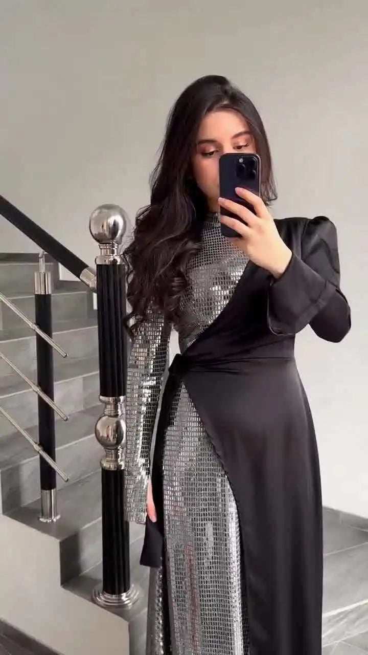 Radiant Sequin High Collar Abaya - Abaya Vida