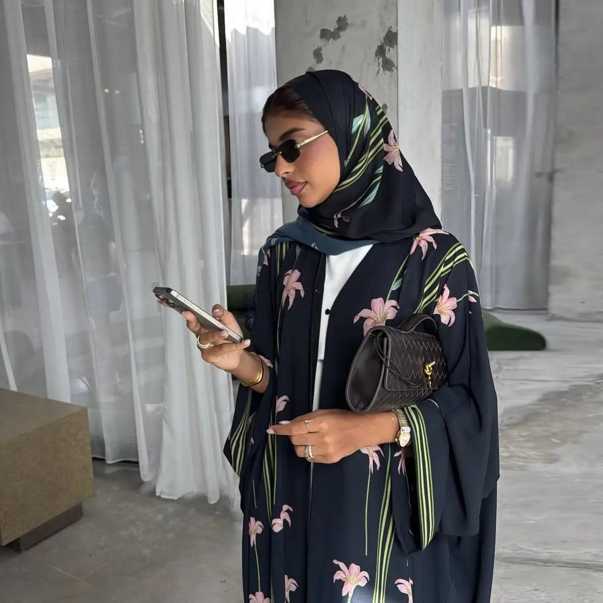 Embroidered Two-Piece Cardigan Abaya with Hijab – Button Closure, One Size