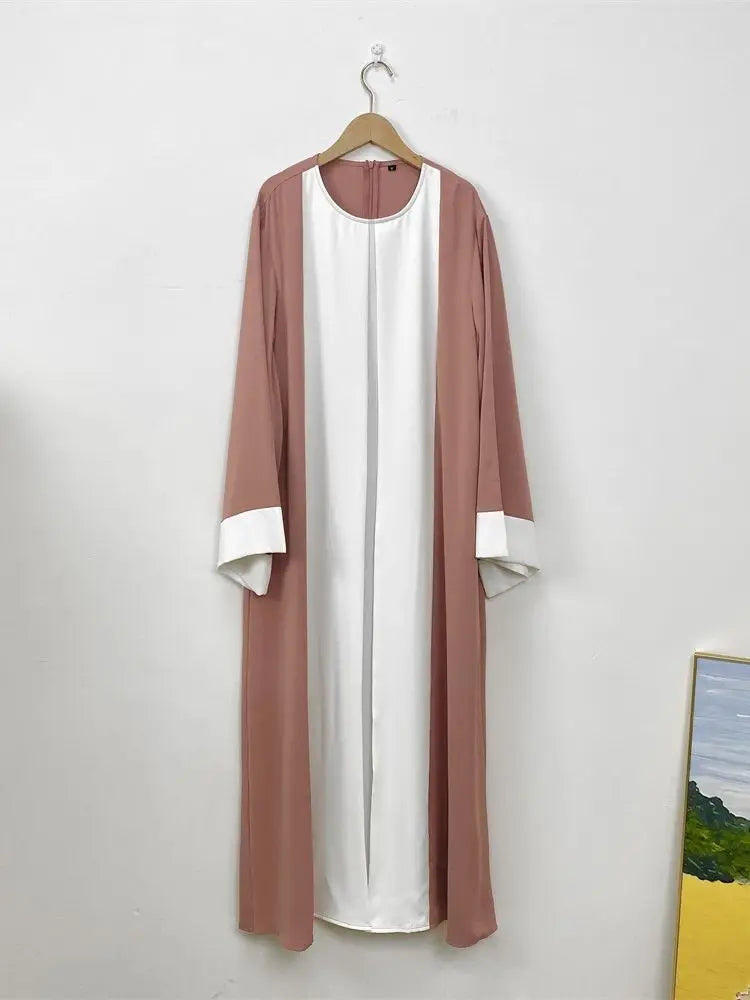 Luxury Splicing Faux Two-Piece Abaya – Zip Front Colour-Block Robe