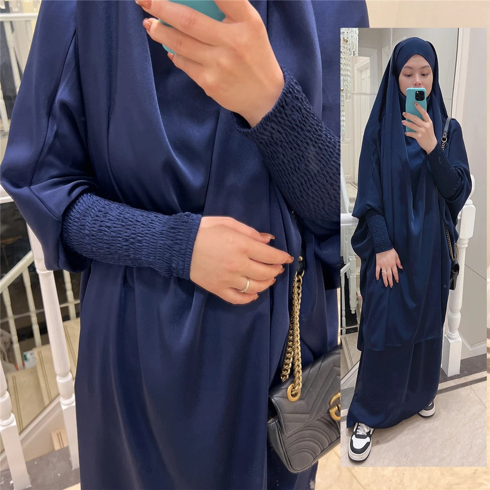 Eid Djellaba Kebaya Two-Piece Set – Hooded Satin Khimar & Skirt, One Size