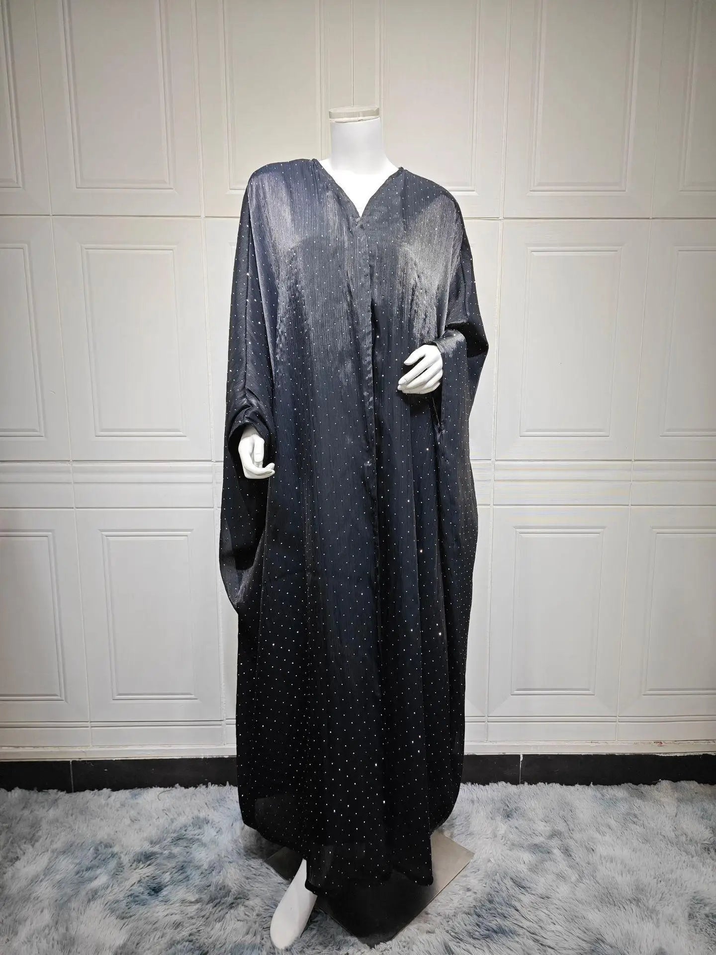 Luxurious Rhinestone Abaya Set with Headscarf – Draped Kaftan, One Size | AbayaVida
