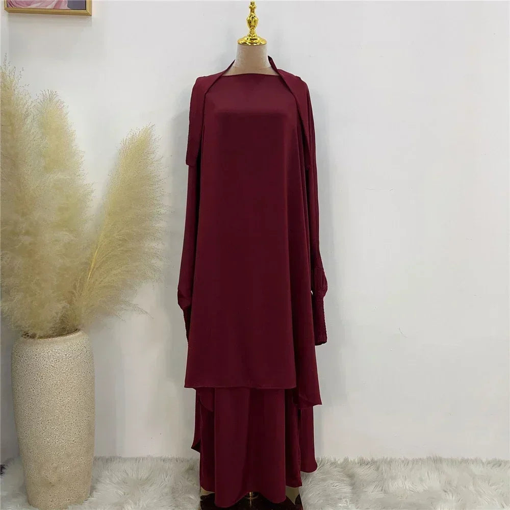 Eid Djellaba Kebaya Two-Piece Set – Hooded Satin Khimar & Skirt, One Size