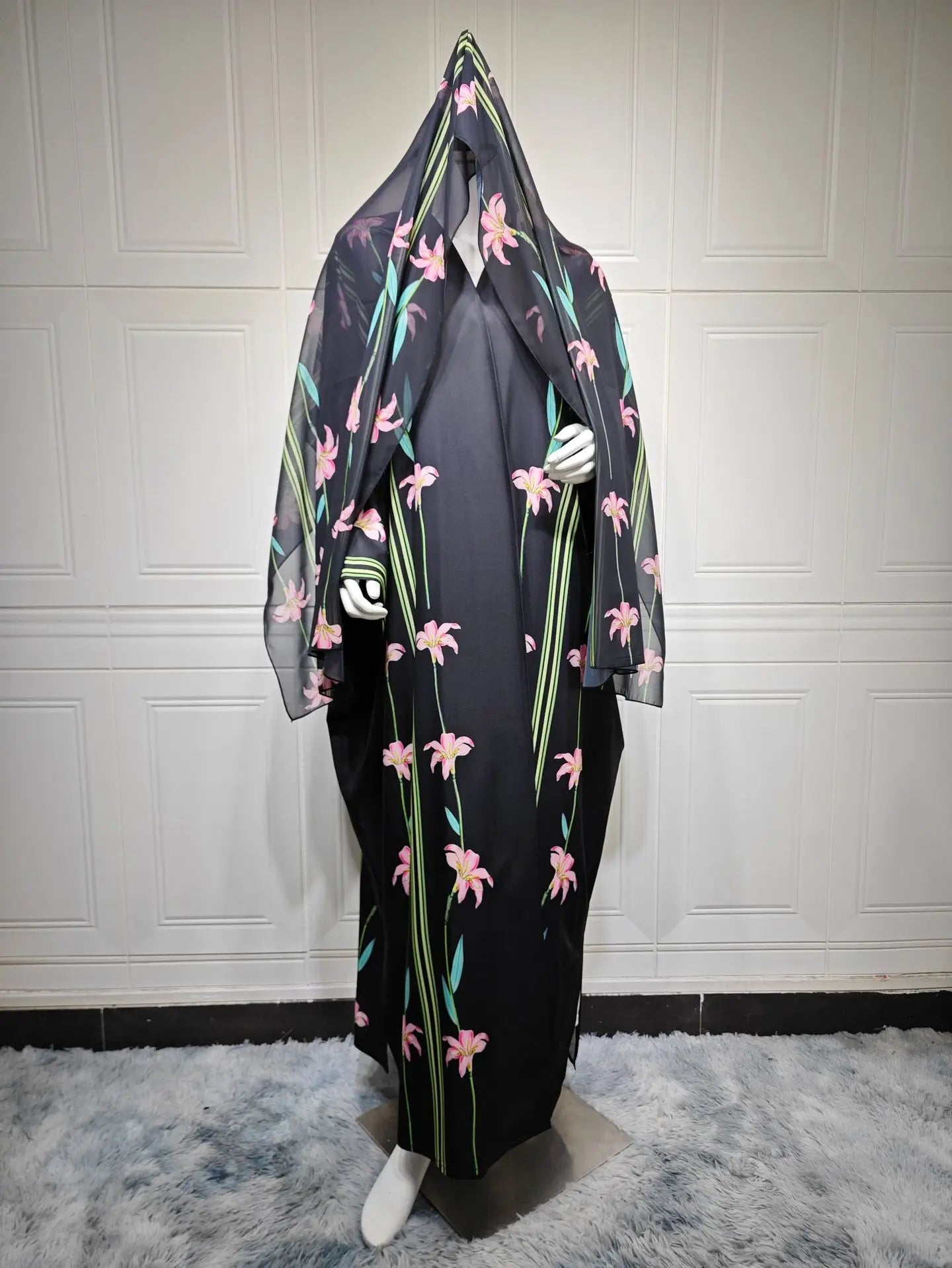 Embroidered Two-Piece Cardigan Abaya with Hijab – Button Closure, One Size