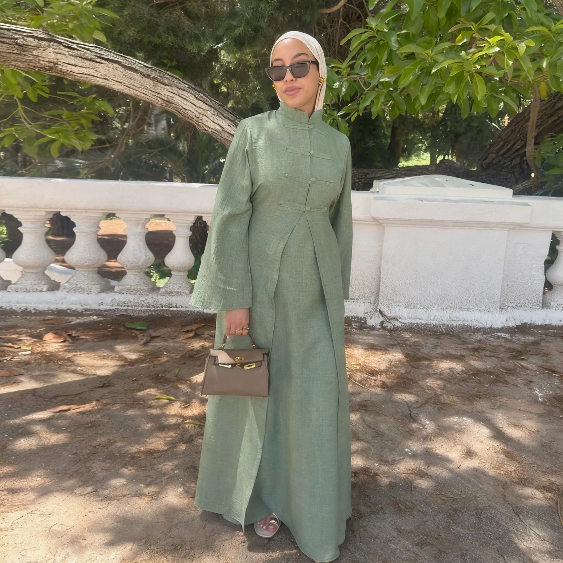 Two-Piece Arabic Modest Abaya Set – Cardigan & Inner Dress - Mocha - L | AbayaVida