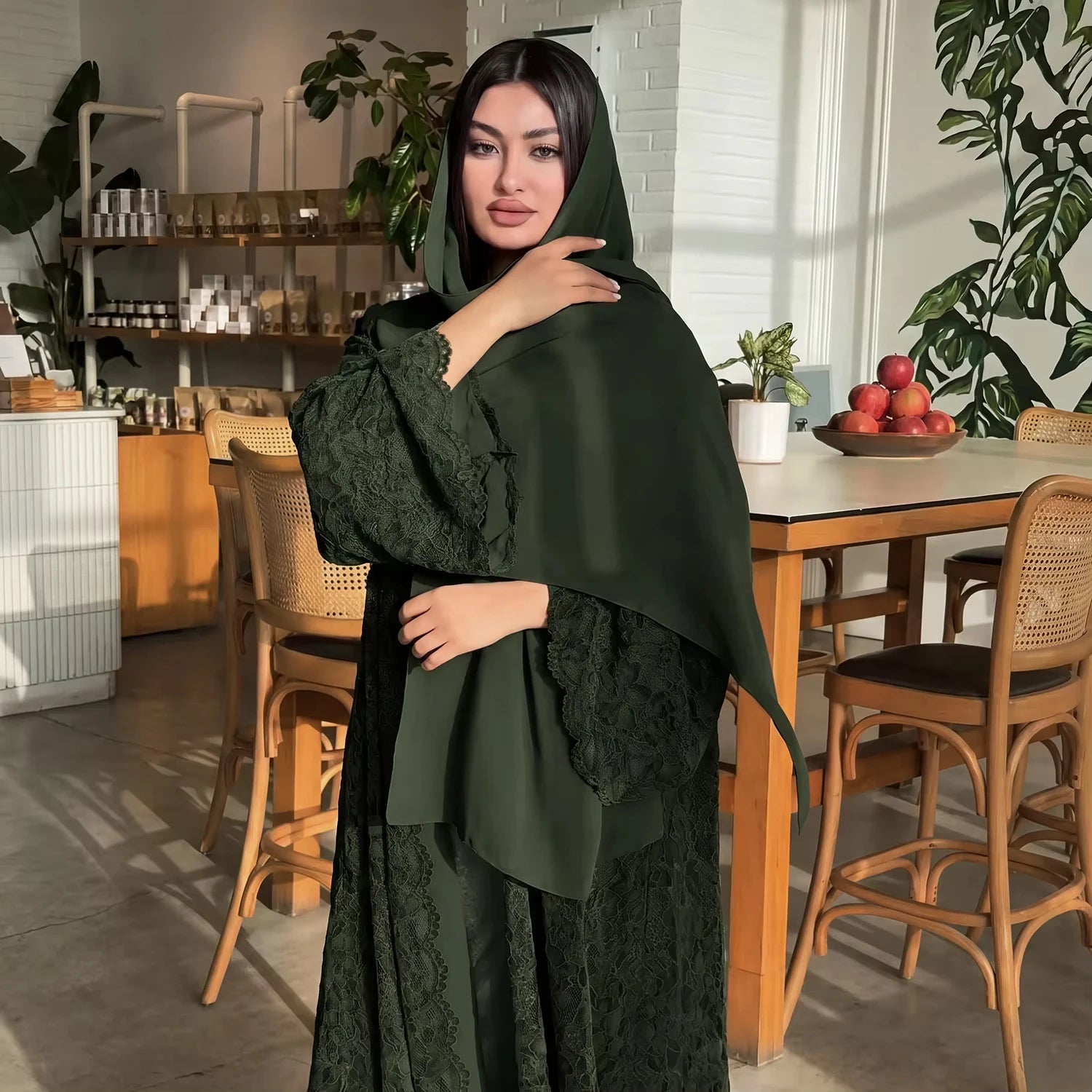 Zahraa Beaded Kimono Abaya – Lined Lace Open Front Robe - Green - M | AbayaVida