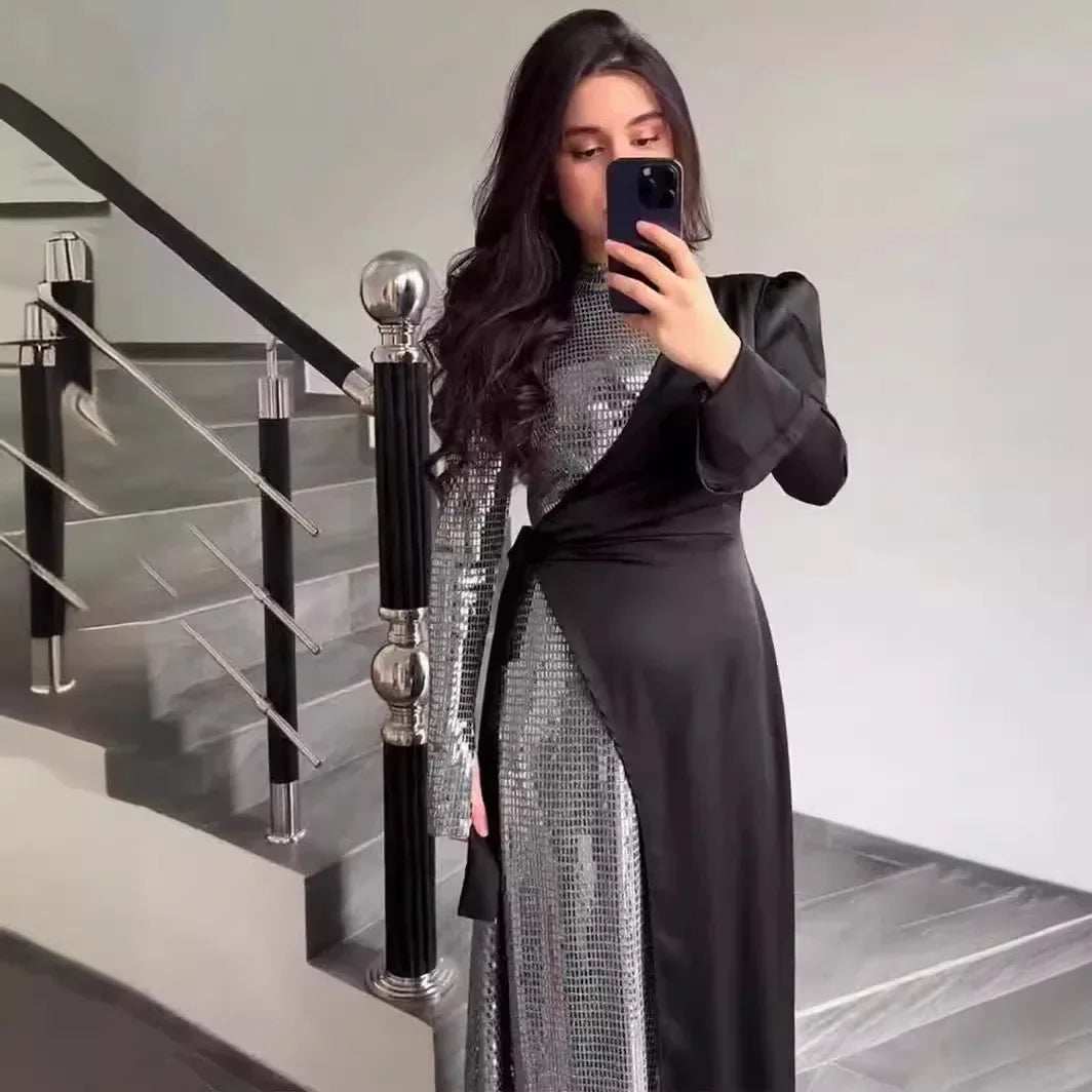 Radiant Sequin High Collar Abaya - Abaya Vida