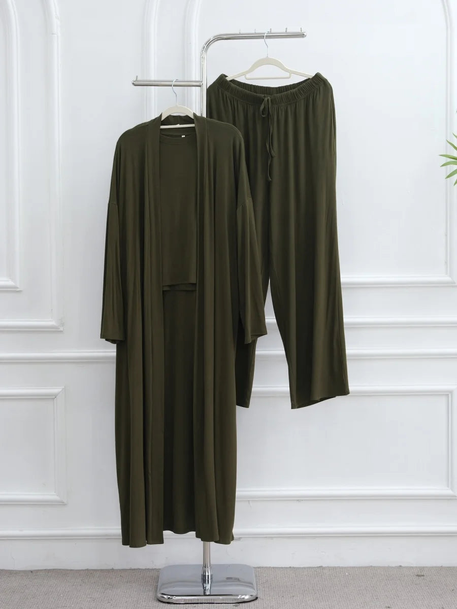 Dubai Three-Piece Abaya Set – Cardigan, Top & Trousers Coordinated Outfit
