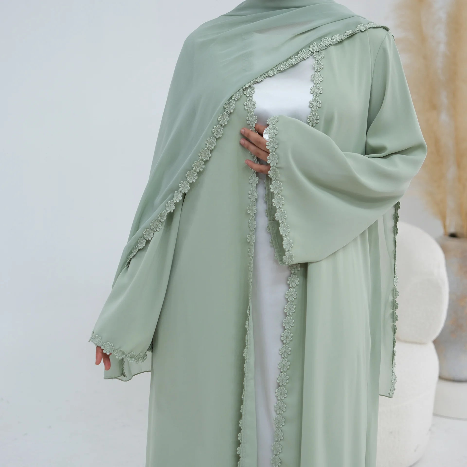 Eid Abaya with Hijab Set – Lace Detail Open Front Robe