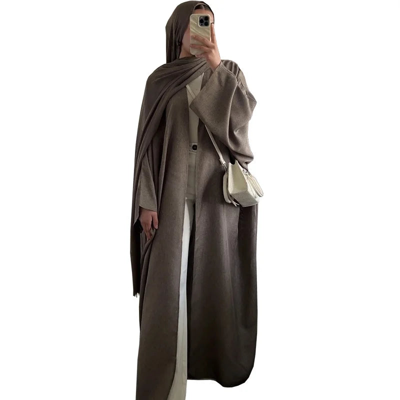 Eid Cardigan Robe – Wide Draped Open Front Abaya - Light Khaki | AbayaVida