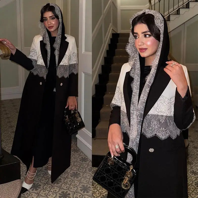 Modest Lace Trim Abaya – Open Front Robe with Lapel Collar