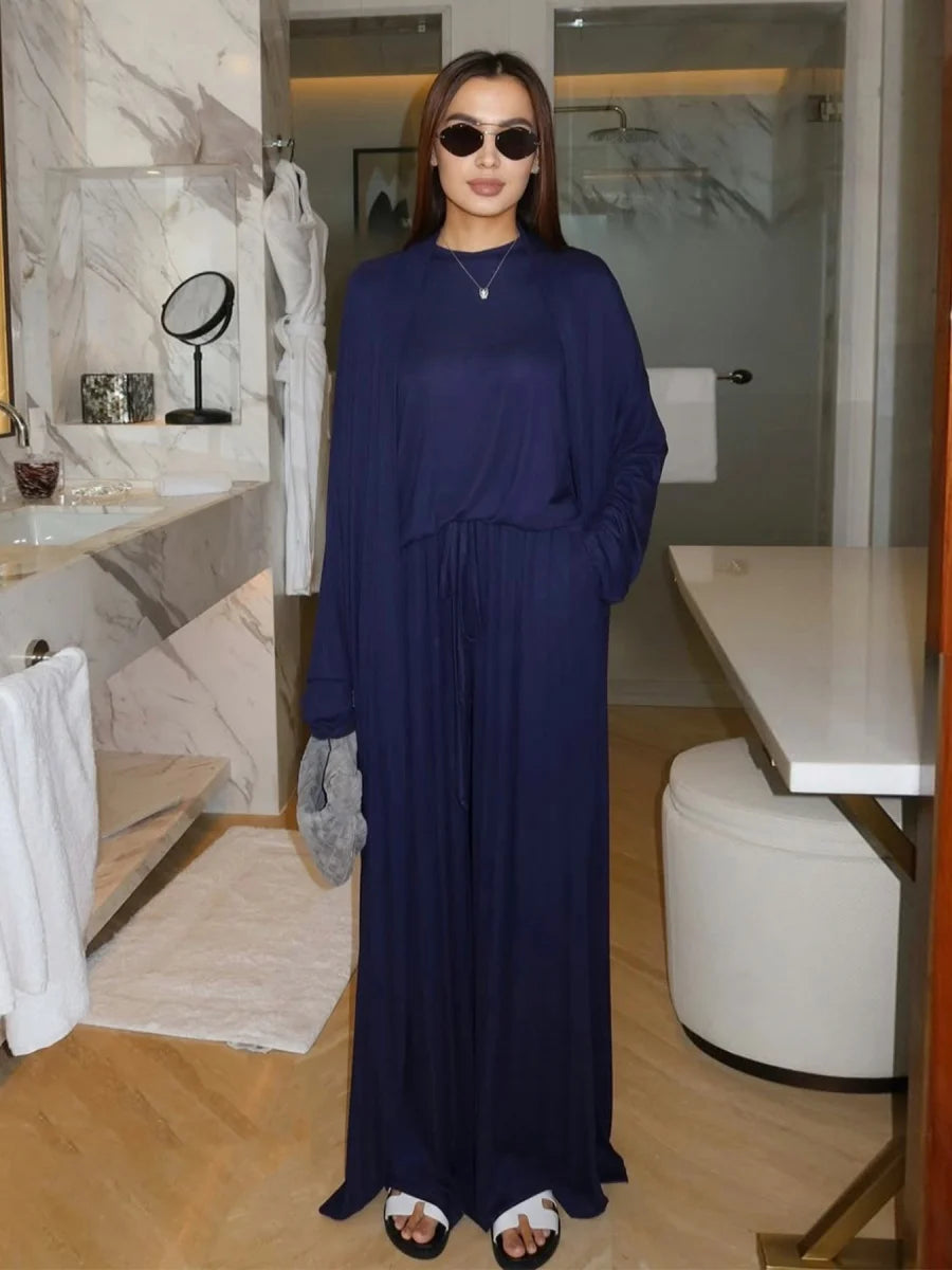 Dubai Three-Piece Abaya Set – Cardigan, Top & Trousers Coordinated Outfit