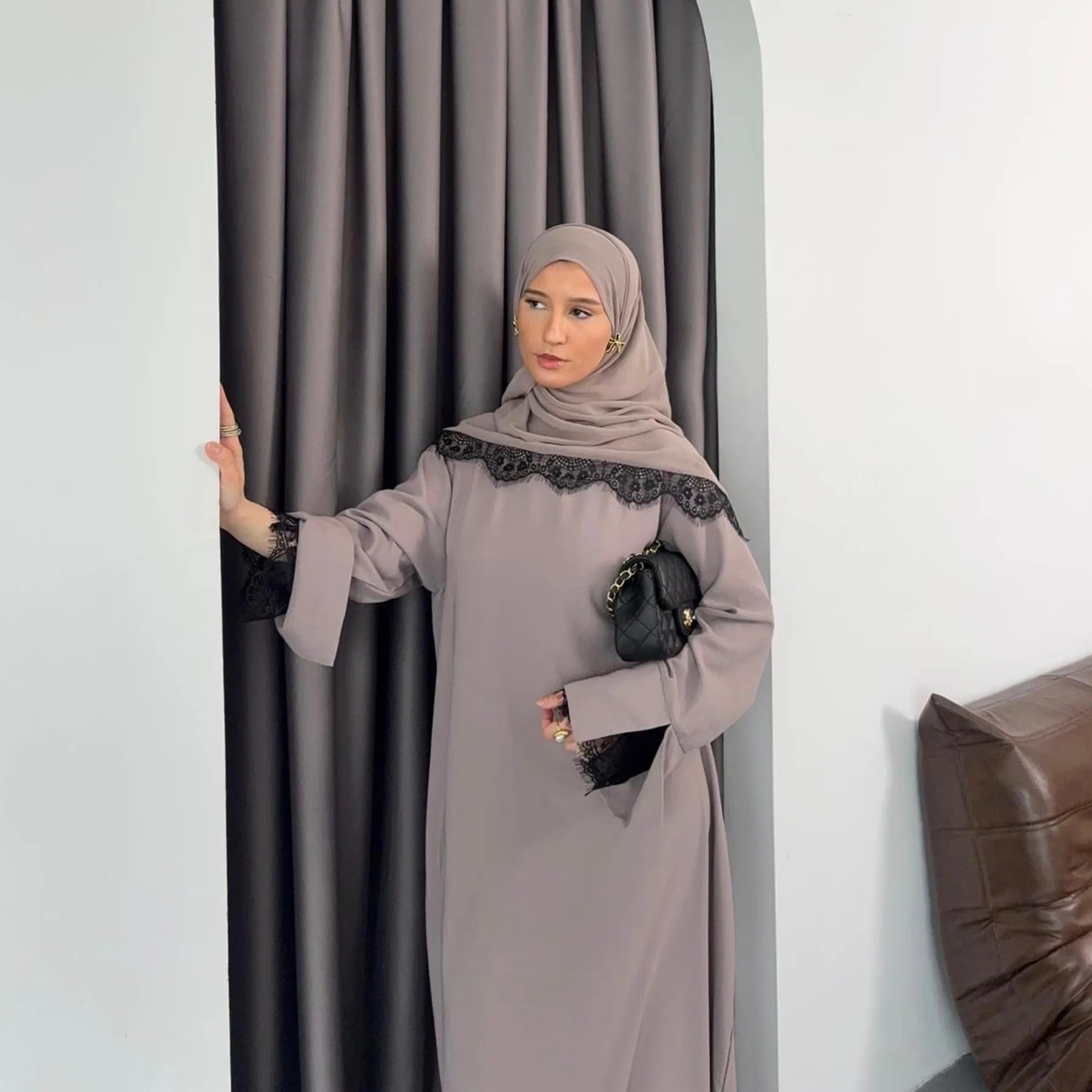 Lace Hijab Dress Suit – Elegant Closed Front Abaya - Khaki - M | AbayaVida