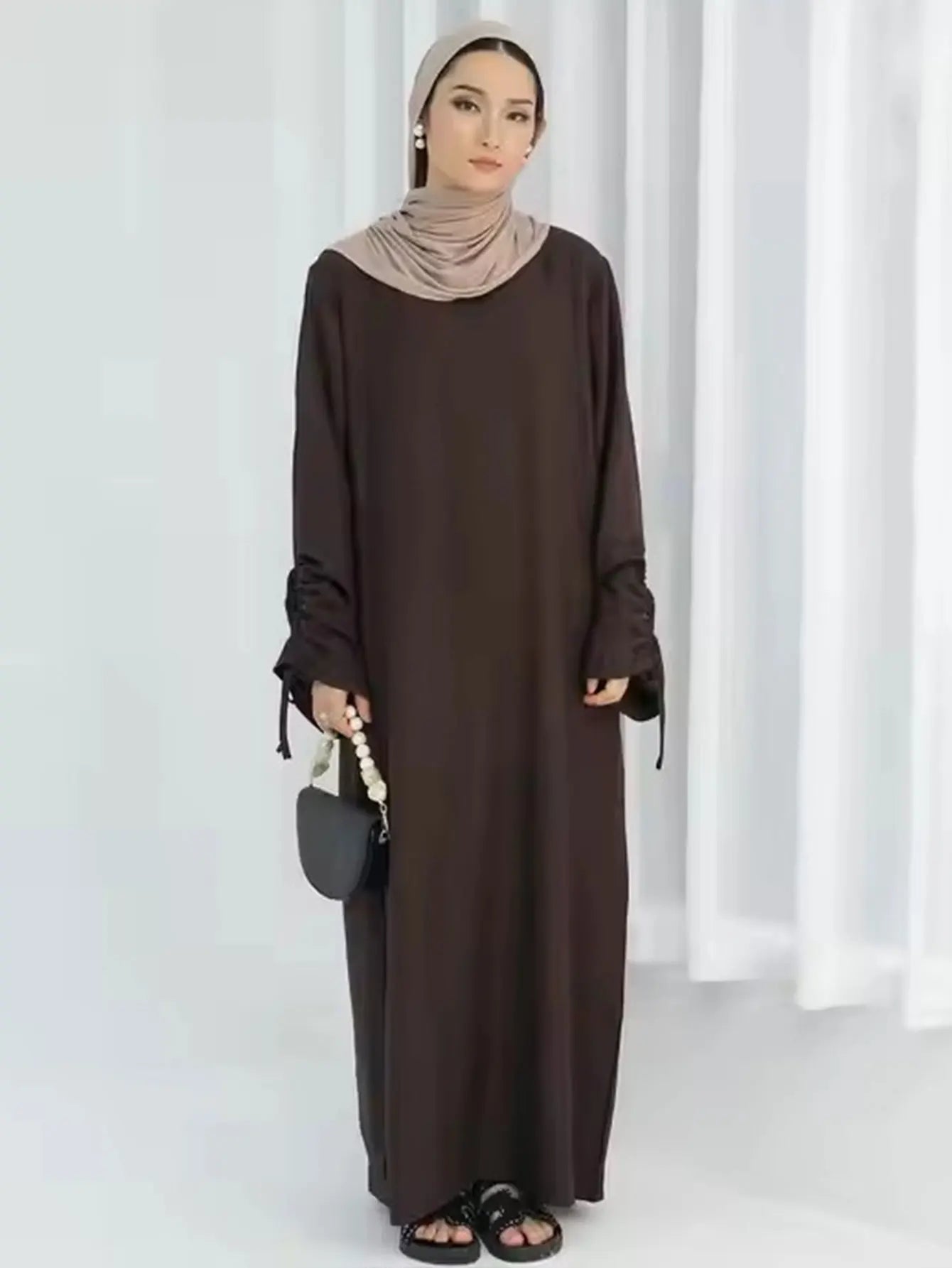 Lace-Up Sleeve Casual Robe – Closed Front Modest Dress - Mocha - XL | AbayaVida