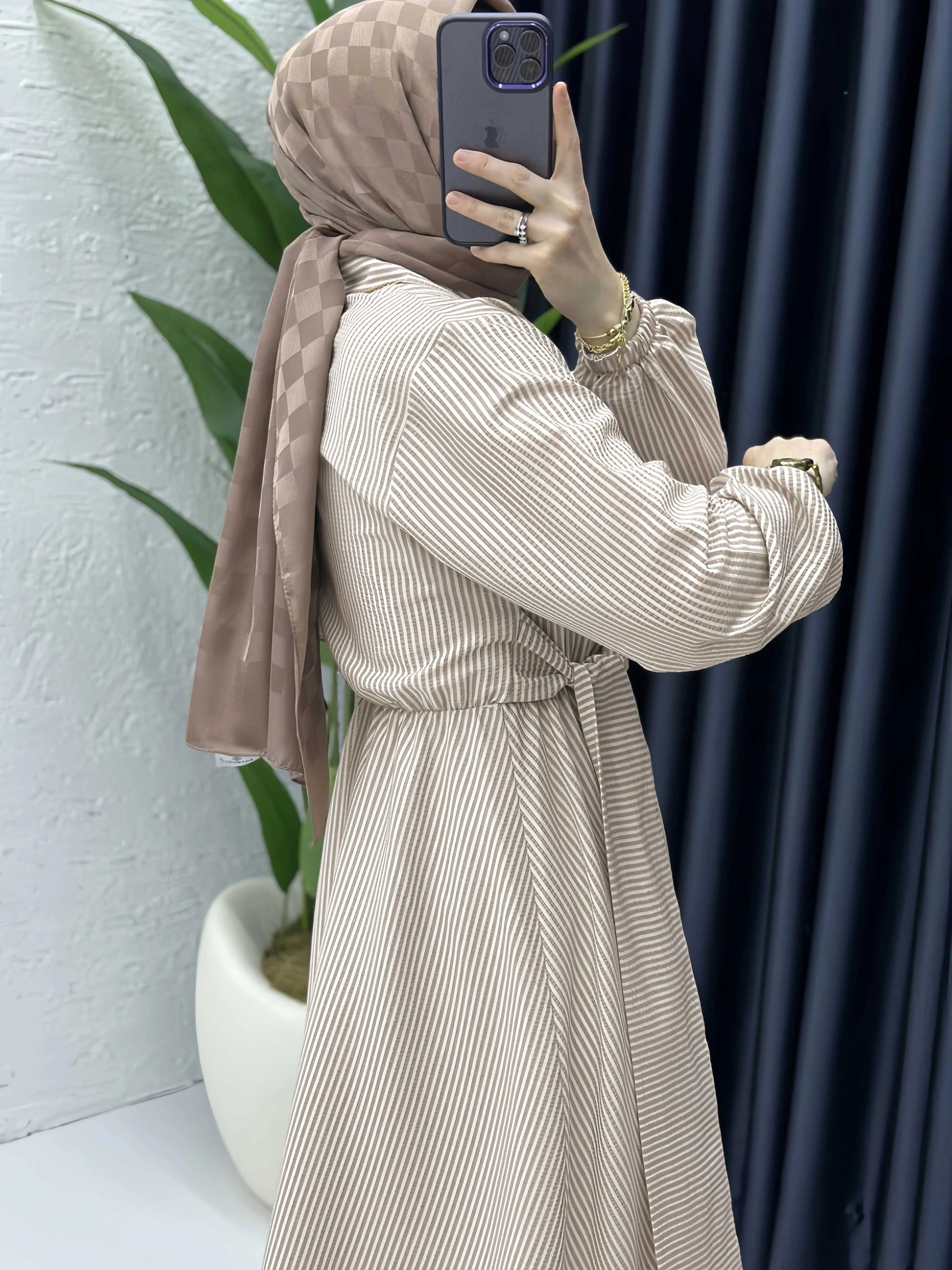 Belted Striped Modest Dress – Shirt Neckline Commute Robe | AbayaVida