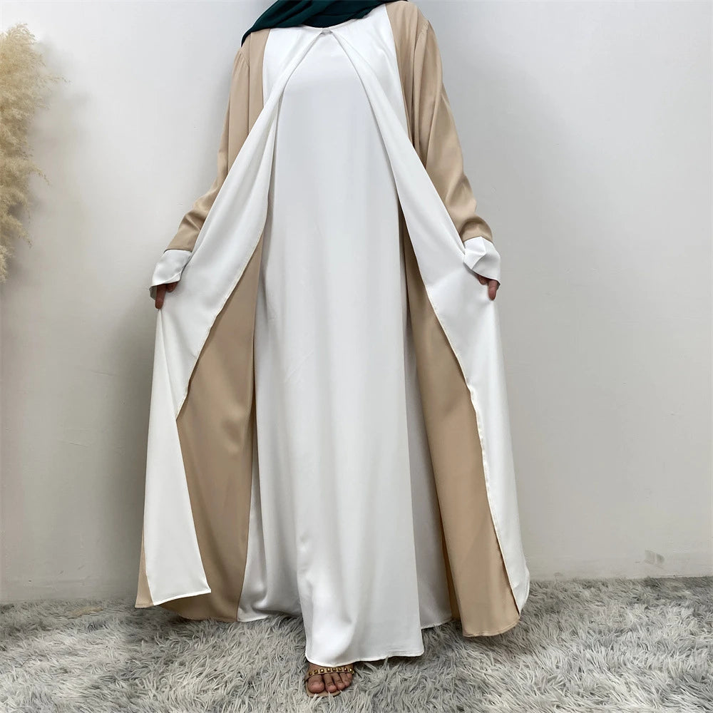 Luxury Splicing Faux Two-Piece Abaya – Zip Front Colour-Block Robe