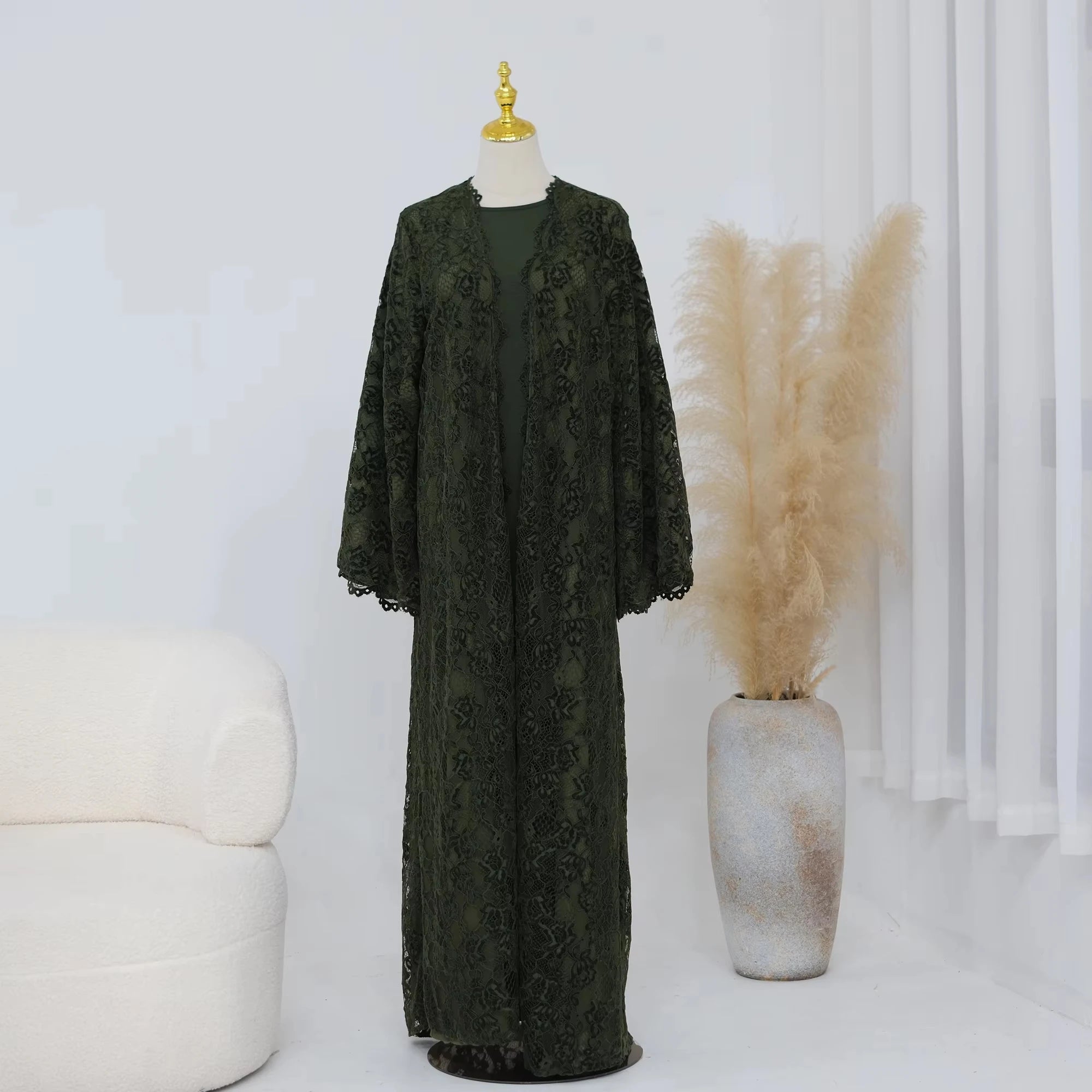 Zahraa Beaded Kimono Abaya – Lined Lace Open Front Robe - Coffee - XXL | AbayaVida