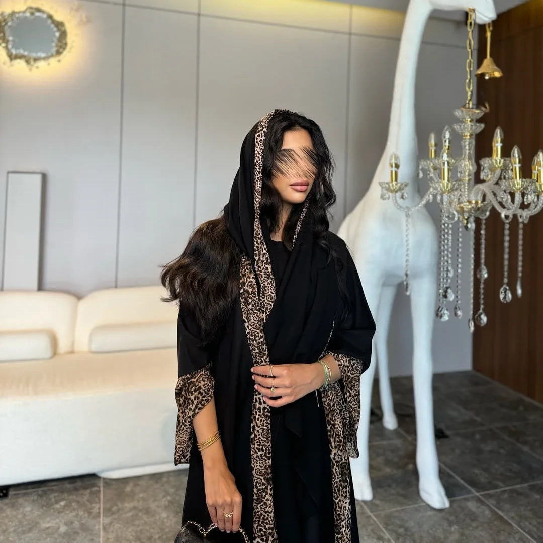 Leopard Trim Chiffon Abaya Set with Hijab – Open Front Kaftan - Size XXL | AbayaVida