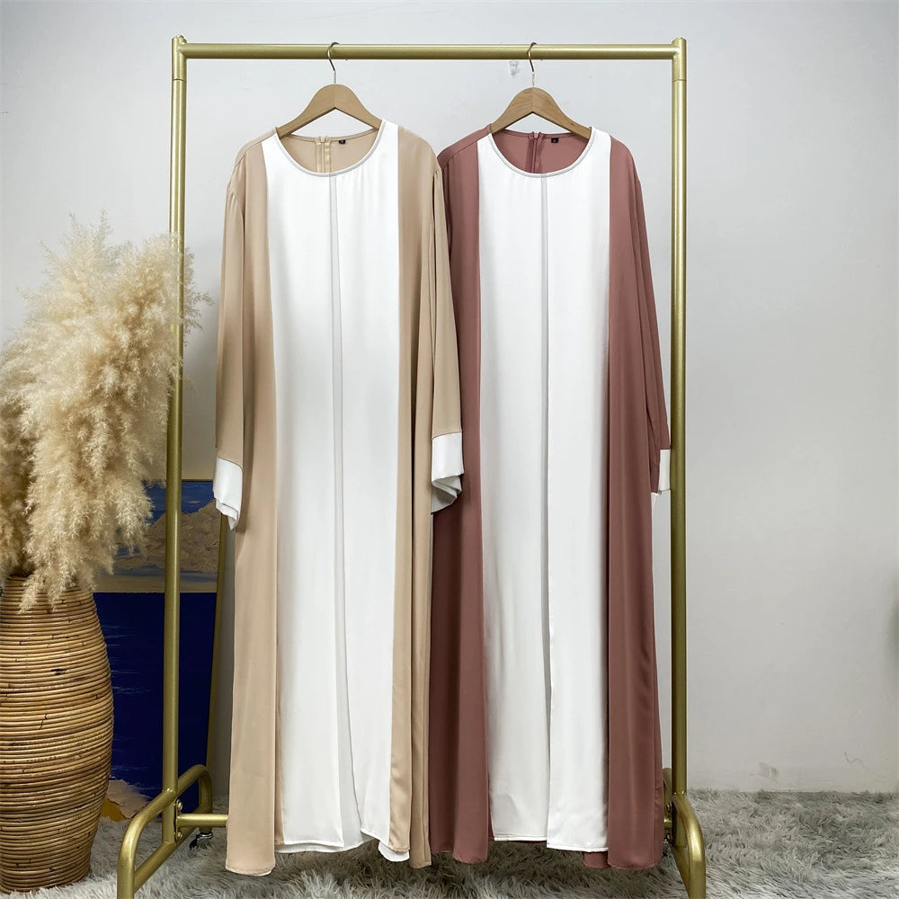 Luxury Splicing Faux Two-Piece Abaya – Zip Front Colour-Block Robe