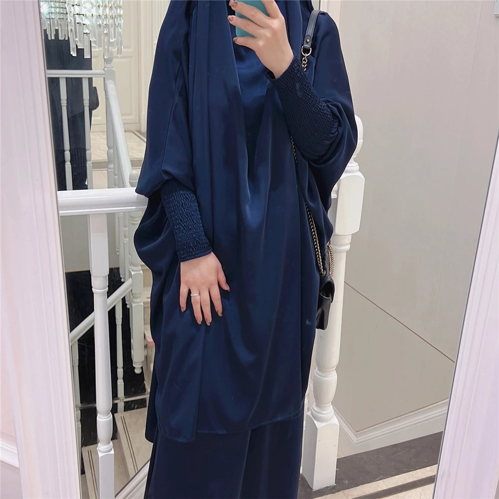 Eid Djellaba Kebaya Two-Piece Set – Hooded Satin Khimar & Skirt, One Size