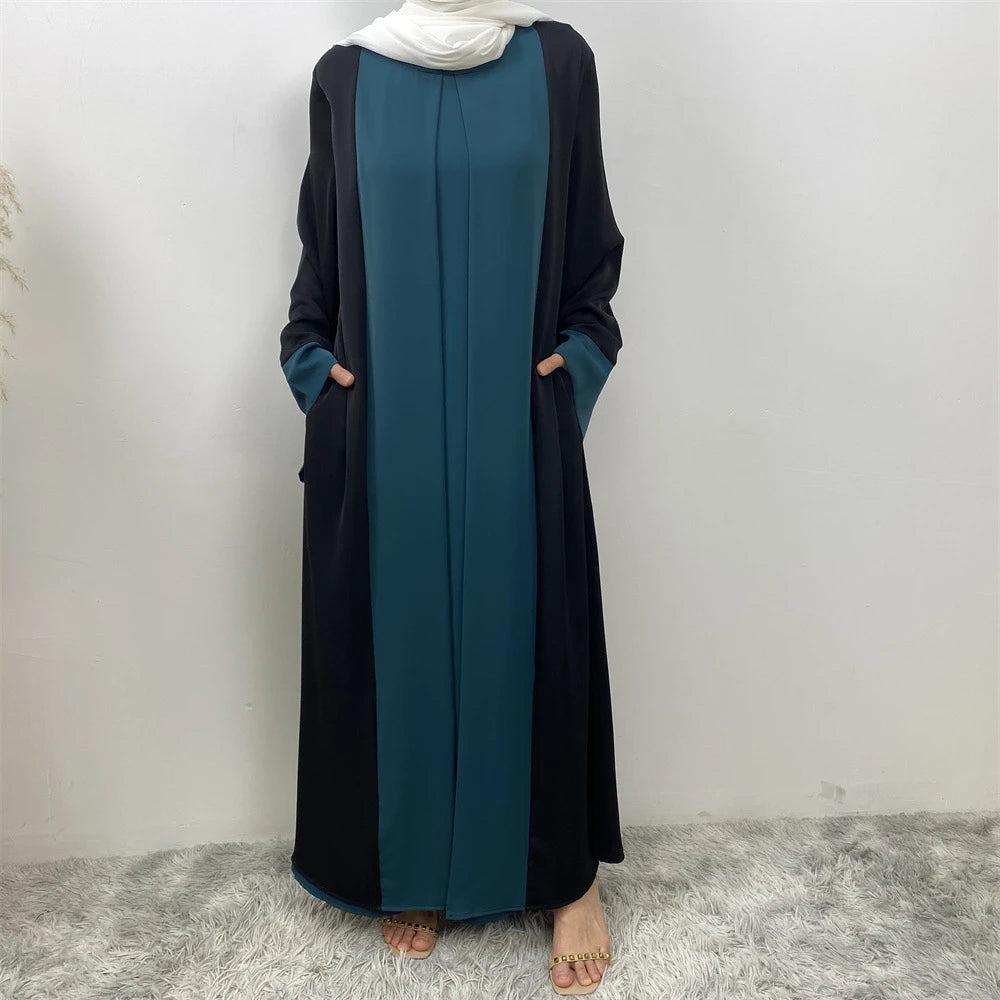 Luxury Splicing Faux Two-Piece Abaya – Zip Front Colour-Block Robe