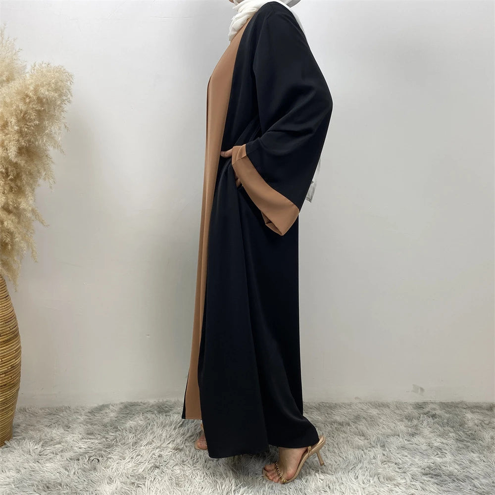 Luxury Splicing Faux Two-Piece Abaya – Zip Front Colour-Block Robe