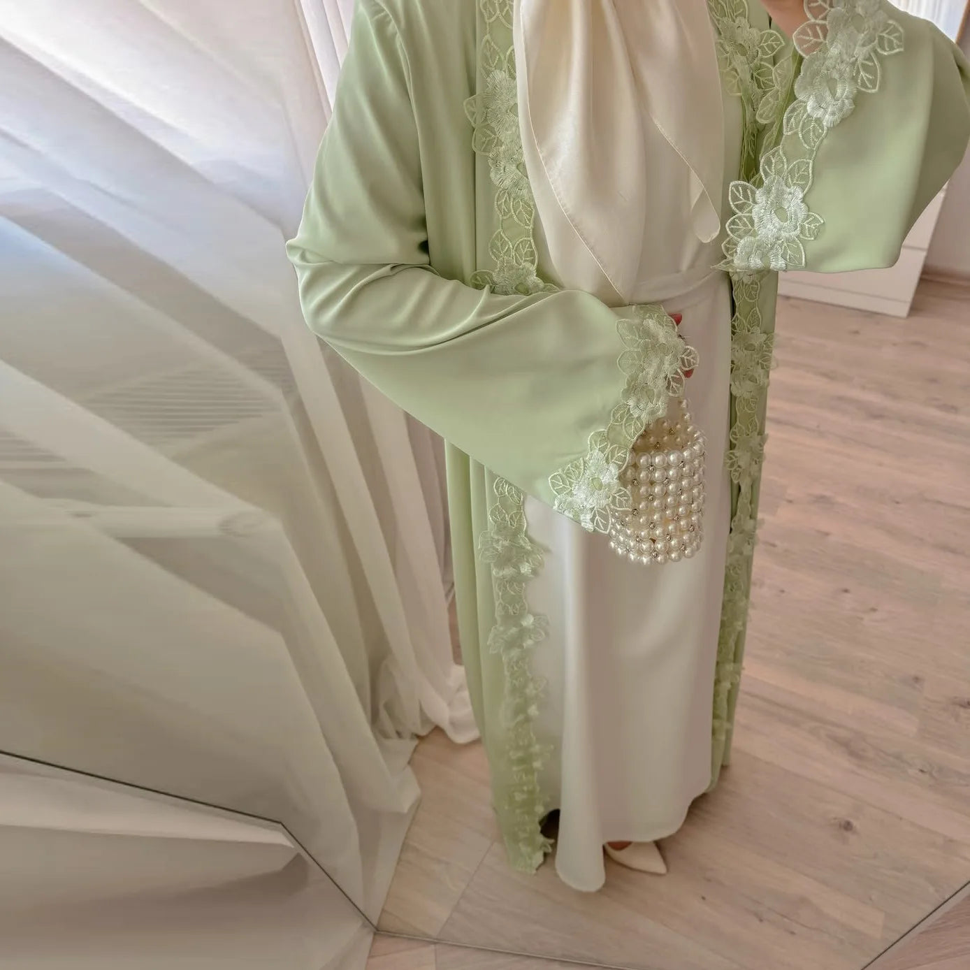 Embroidered Eid Cardigan Robe – Open Front Party Abaya in Green - Size XL | AbayaVida
