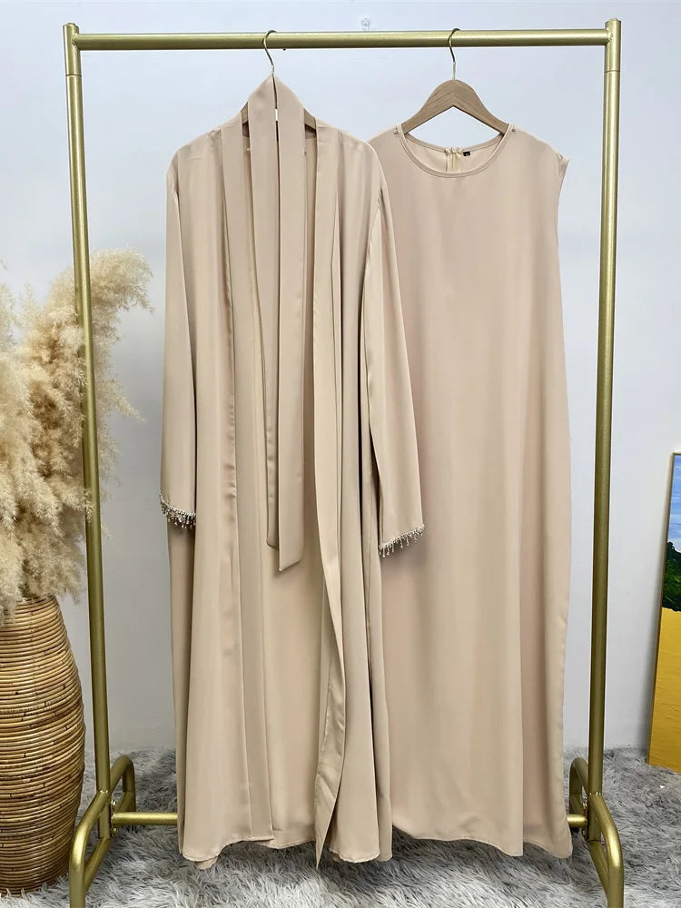 Nida Crystal Chain Evening Set – Cardigan, Dress & Chain | AbayaVida