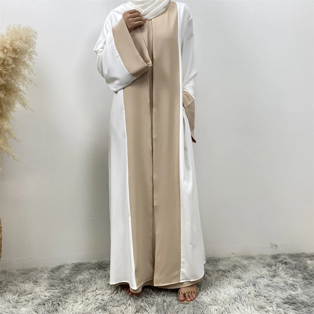 Luxury Splicing Faux Two-Piece Abaya – Zip Front Colour-Block Robe