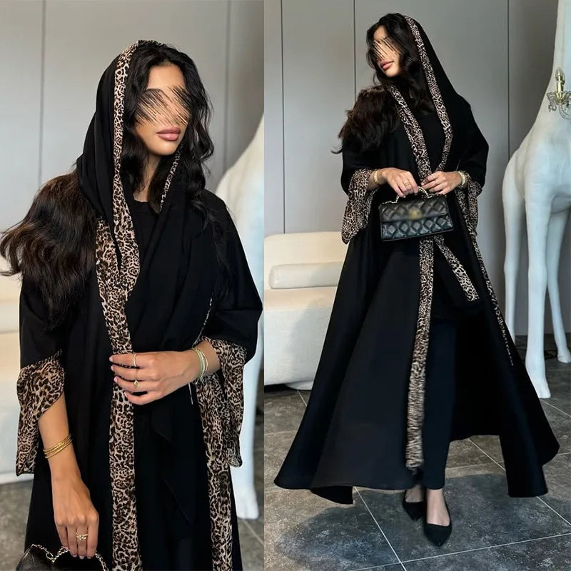 Leopard Trim Chiffon Abaya Set with Hijab – Open Front Kaftan - Size S | AbayaVida