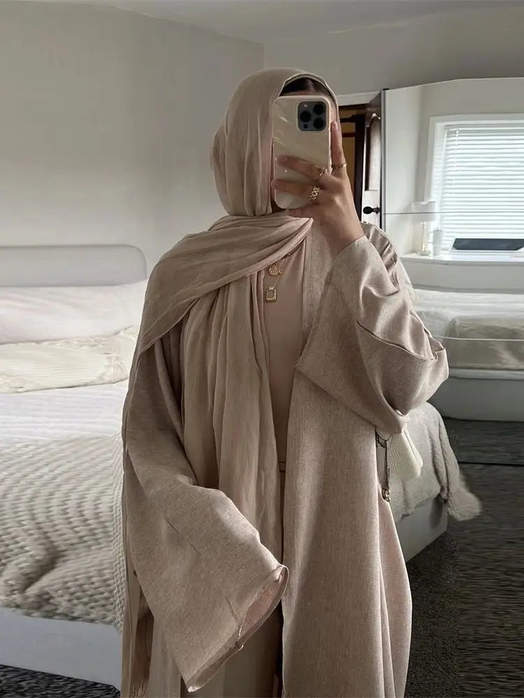 Cotton Linen Batwing Kimono Abaya for Women – Open Front Casual Cardigan Robe