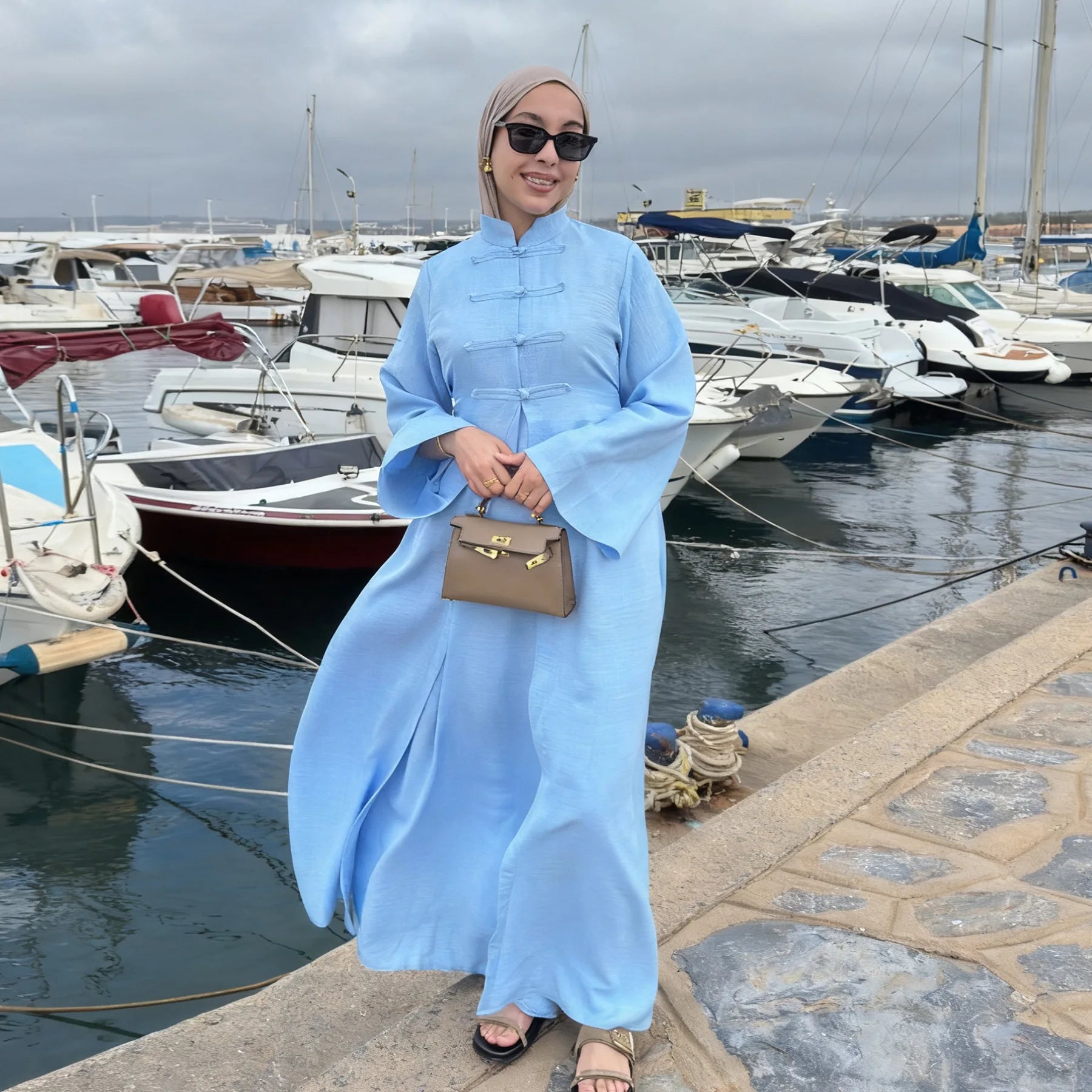 Two-Piece Arabic Modest Abaya Set – Cardigan & Inner Dress - Sky Blue - XL | AbayaVida