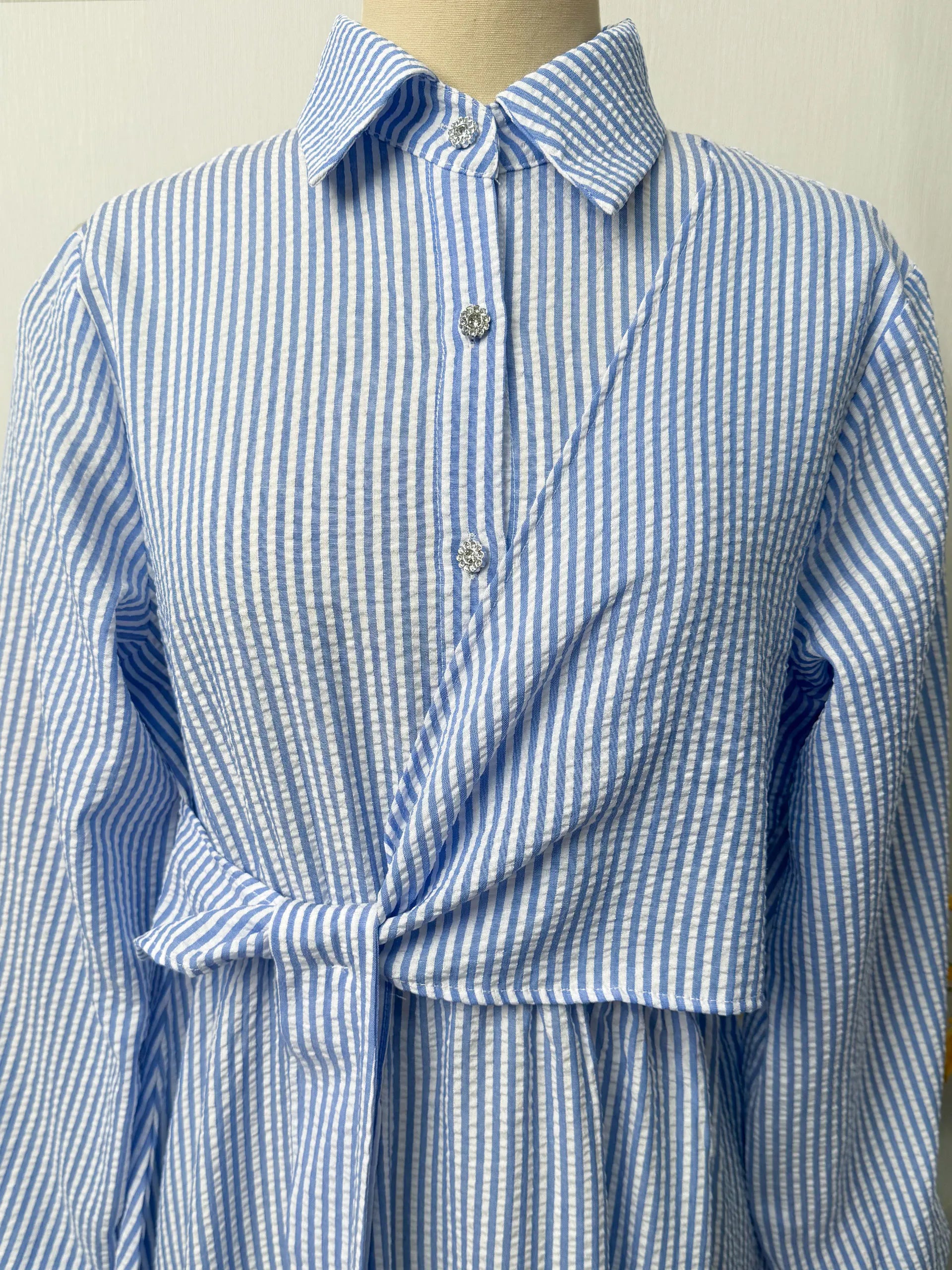 Belted Striped Modest Dress – Shirt Neckline Commute Robe - Blue - XL | AbayaVida