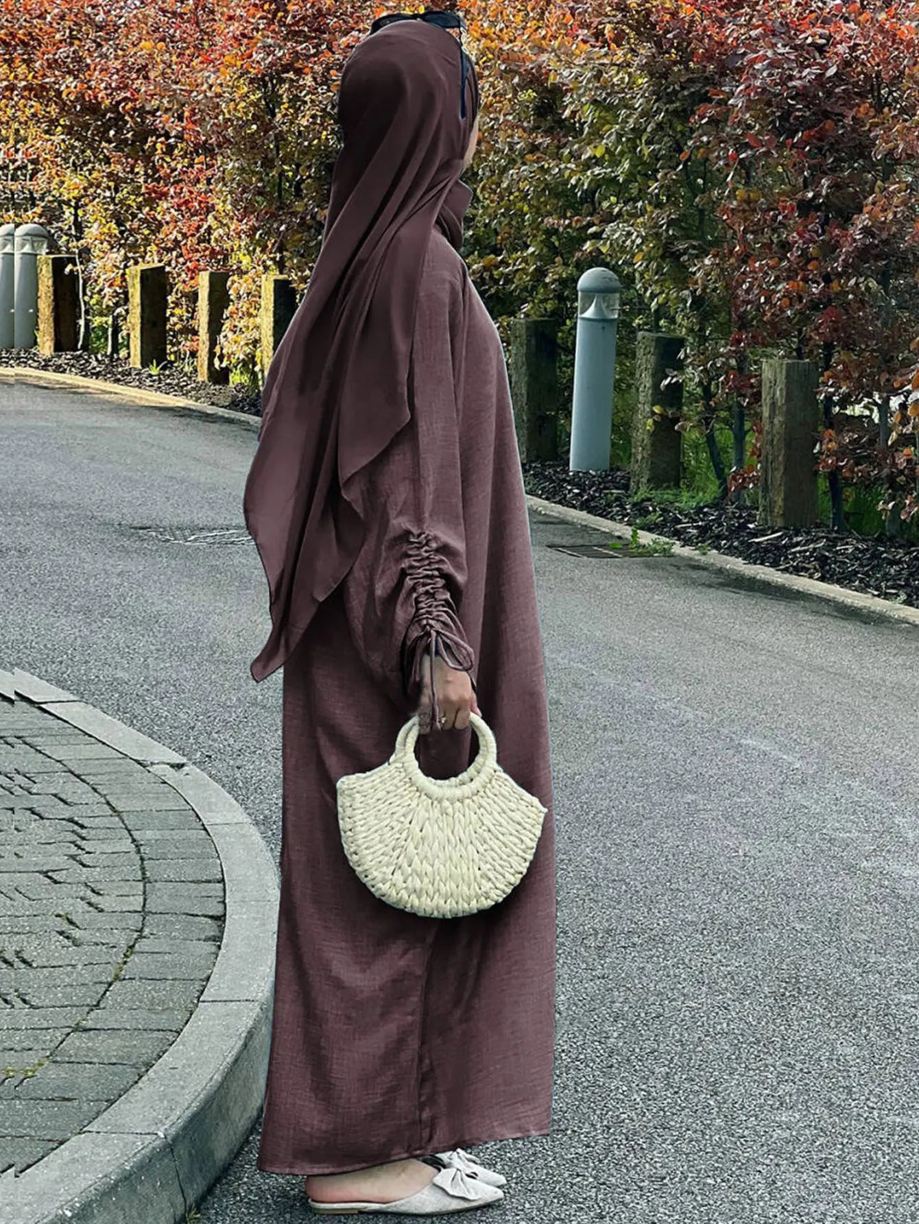 Lace-Up Sleeve Casual Robe – Closed Front Modest Dress - Coffee - L | AbayaVida