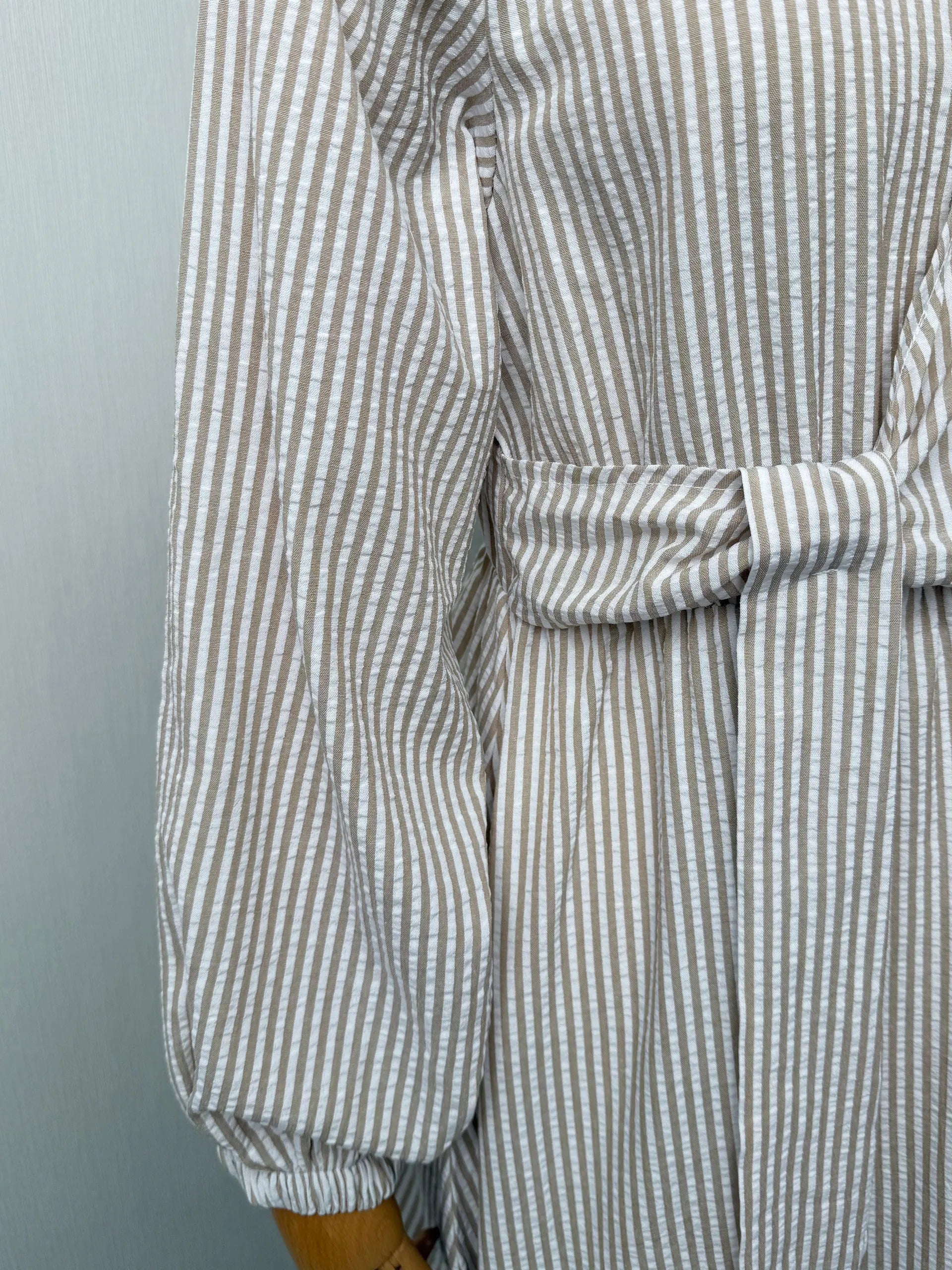 Belted Striped Modest Dress – Shirt Neckline Commute Robe | AbayaVida