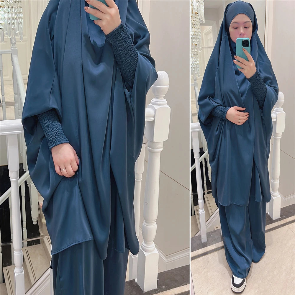 Eid Djellaba Kebaya Two-Piece Set – Hooded Satin Khimar & Skirt, One Size